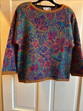 Vintage Gispa Multicolor Floral Knit Sweater - Teal, Purple & Mustard Size Med M